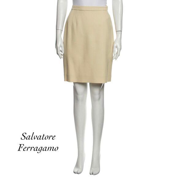 Salvatore Ferragamo Ivory Wool Silk Blend Waffle Pencil Skirt Size Italy 42 US 6 - Picture 1 of 7